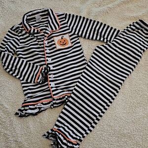 Striped Black and White Kids Pajama Set with Pumpkin Patch